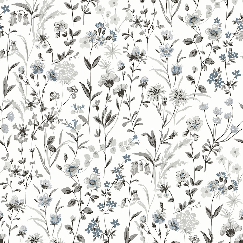 Malibu PS Wildflowers Contemporary Floral - Charcoal & Bluestone | Peel and Stick Removable Wallpaper
