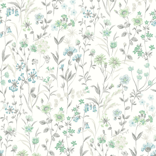 Malibu Ps Wildflowers Contemporary Floral - Dew Drop & Spring Green | Peel and Stick Removable Wallcovering