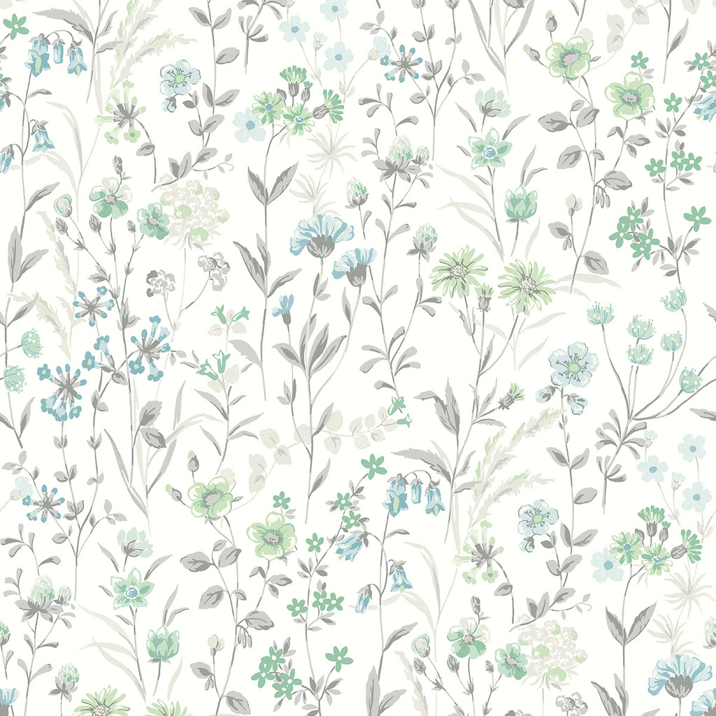 Malibu PS Wildflowers Contemporary Floral - Dew Drop & Spring Green | Peel and Stick Removable Wallpaper
