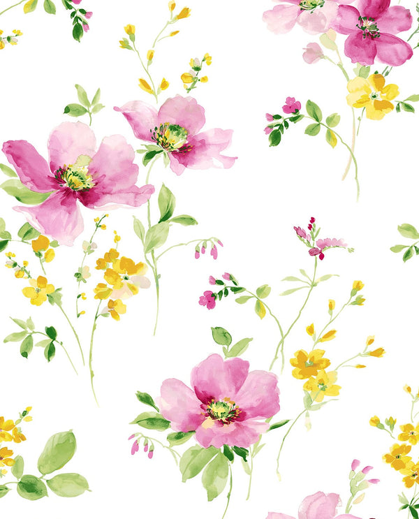 Malibu Ps Watercolor Windflower Contemporary Floral - Cerise Pink & Marigold | Peel and Stick Removable Wallcovering