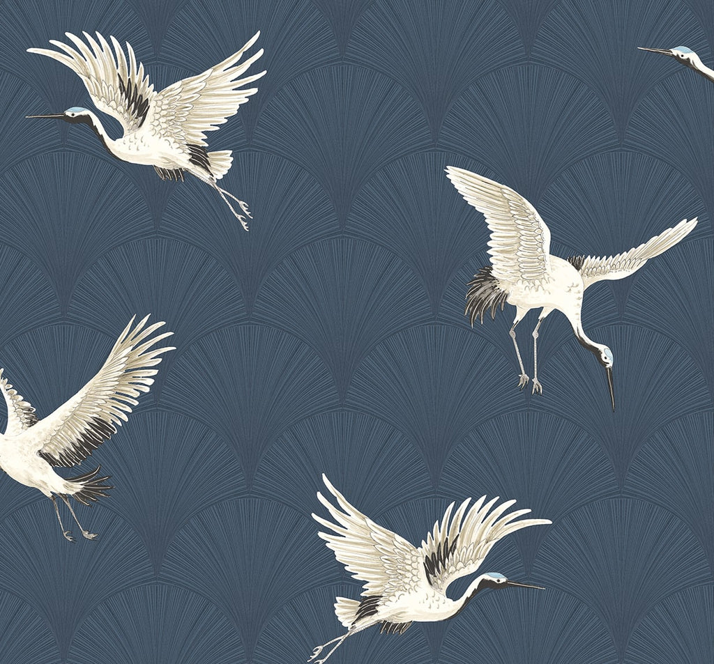 Malibu PS Cranes Art Deco Animal Print - Denim Blue | Peel and Stick Removable Wallpaper