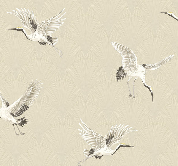 Malibu Ps Cranes Art Deco Animal Print - Alba Beige | Peel and Stick Removable Wallcovering
