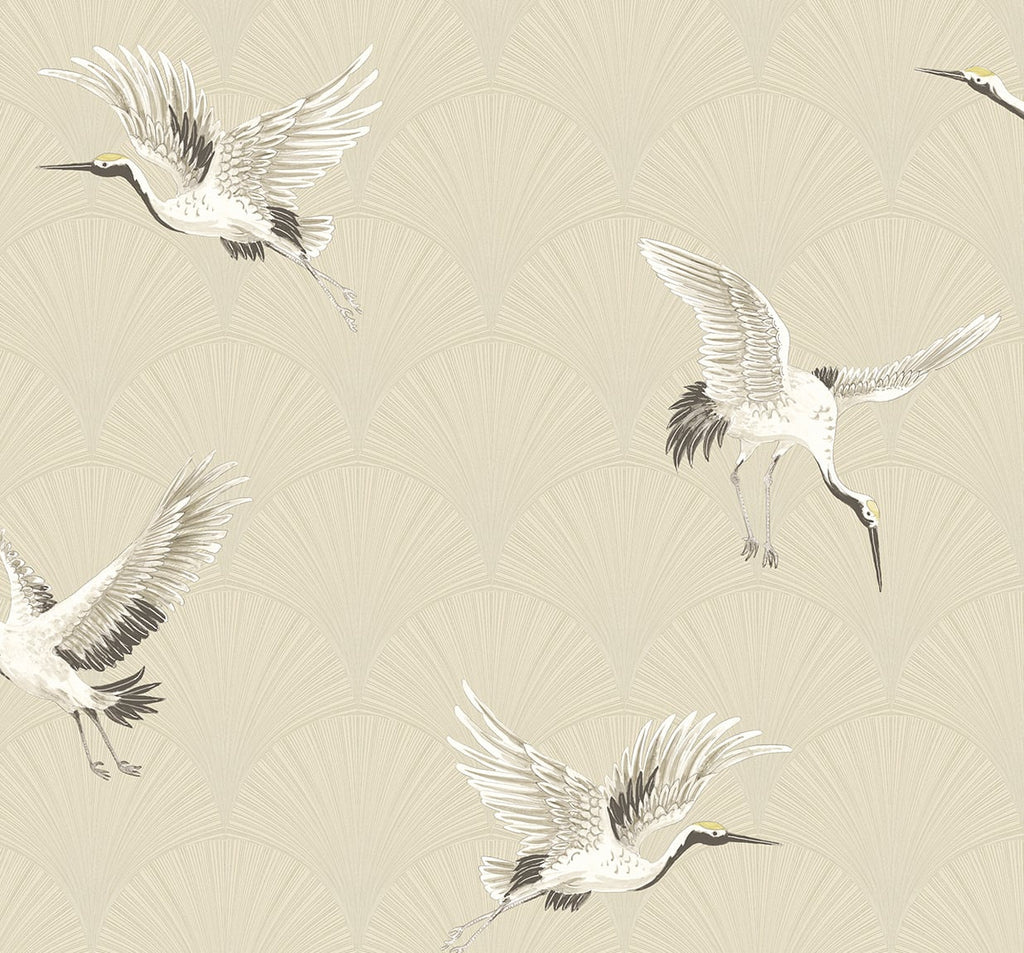 Malibu PS Cranes Art Deco Animal Print - Alba Beige | Peel and Stick Removable Wallpaper