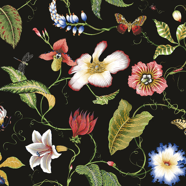 Malibu Ps Summer Garden Floral Contemporary Floral - Jet Black | Peel and Stick Removable Wallcovering