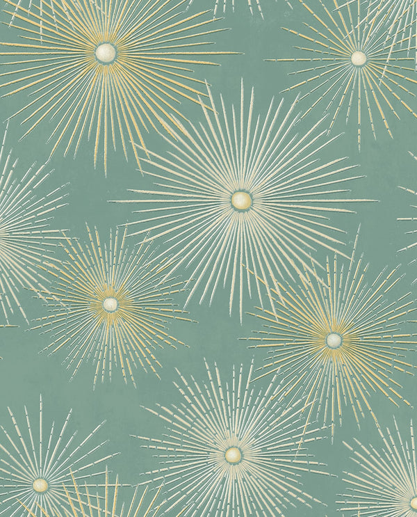 Malibu Ps Starburst Geo Mid-Century Modern Geometric - Teal & Metallic Gold | Peel and Stick Removable Wallcovering