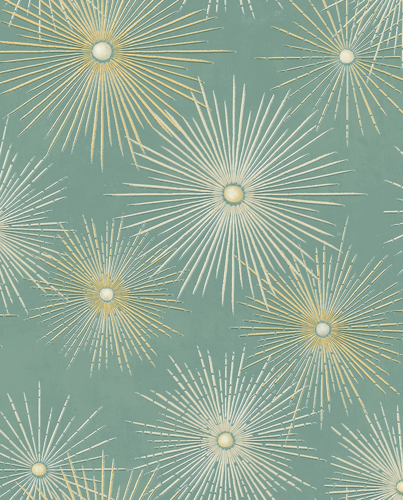 Malibu PS Starburst Geo Mid-Century Modern Geometric - Teal & Metallic Gold | Peel and Stick Removable Wallpaper