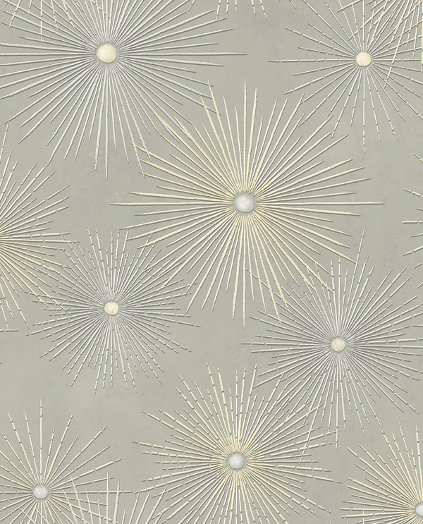 Malibu Ps Starburst Geo Mid-Century Modern Geometric - Silversmoke & Metallic Gold | Peel and Stick Removable Wallcovering