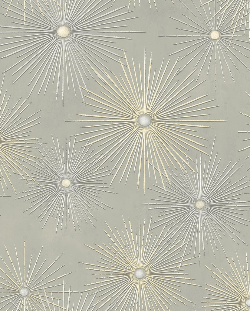 Malibu PS Starburst Geo Mid-Century Modern Geometric - Silversmoke & Metallic Gold | Peel and Stick Removable Wallpaper
