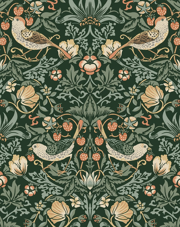 Malibu Ps Aves Garden Vintage Botanical - Forest Green | Peel and Stick Removable Wallcovering