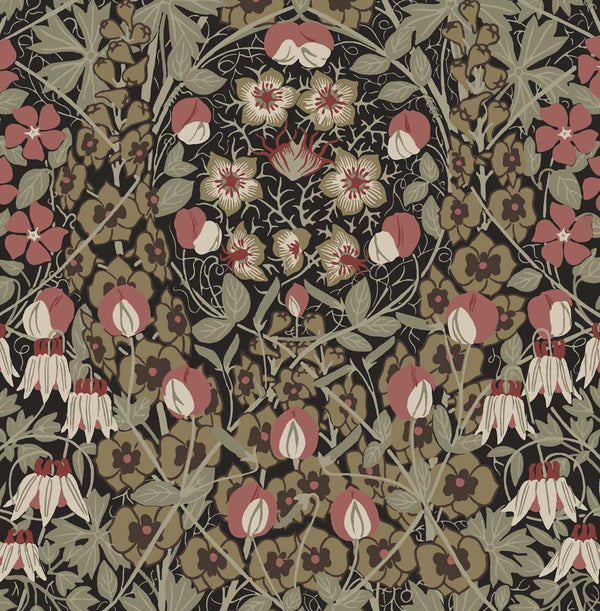 Malibu Ps Tulip Garden Vintage Floral - Ebony & Red Clay | Peel and Stick Removable Wallcovering