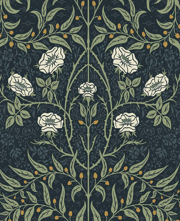 Malibu Ps Stenciled Floral Vintage Floral - Navy & Sage | Peel and Stick Removable Wallcovering
