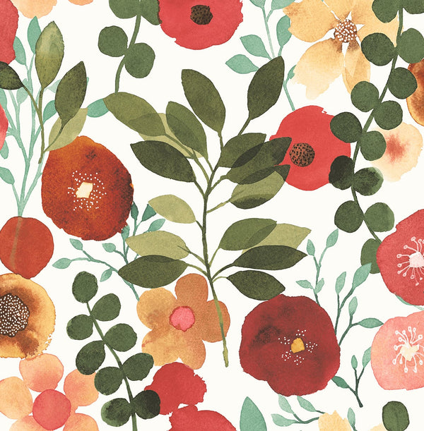 Malibu Ps Garden Dance Contemporary Floral - Ruby & Hunter Green | Peel and Stick Removable Wallcovering