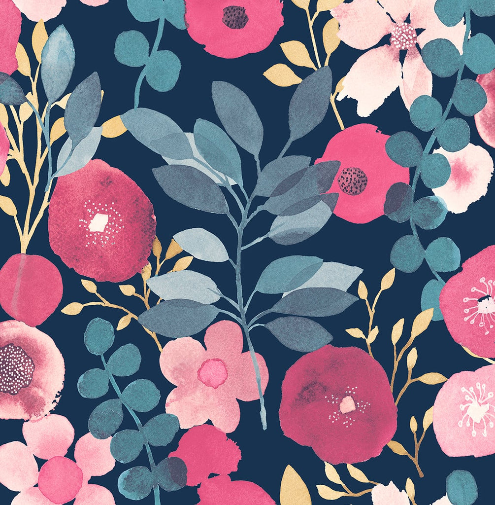 Malibu PS Garden Dance Contemporary Floral - Navy & Magenta | Peel and Stick Removable Wallpaper