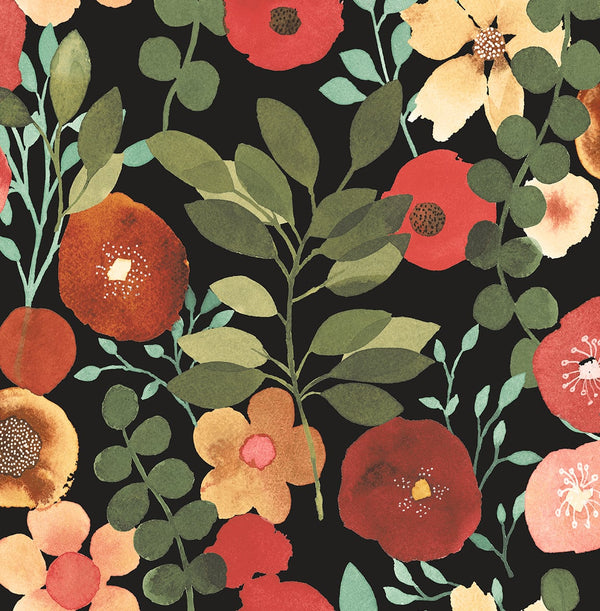 Malibu Ps Garden Dance Contemporary Floral - Jet Black & Ruby | Peel and Stick Removable Wallcovering
