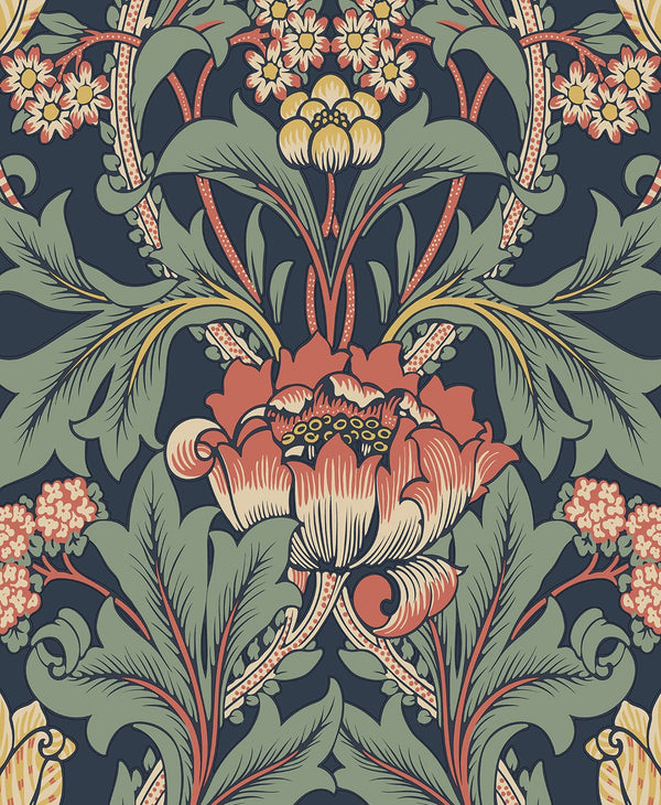Malibu Ps Primrose Floral Vintage Floral - Denim Blue & Auburn | Peel and Stick Removable Wallcovering