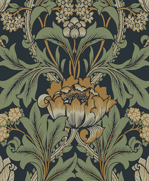 Malibu Ps Primrose Floral Vintage Floral - Midnight Blue & Goldenrod | Peel and Stick Removable Wallcovering