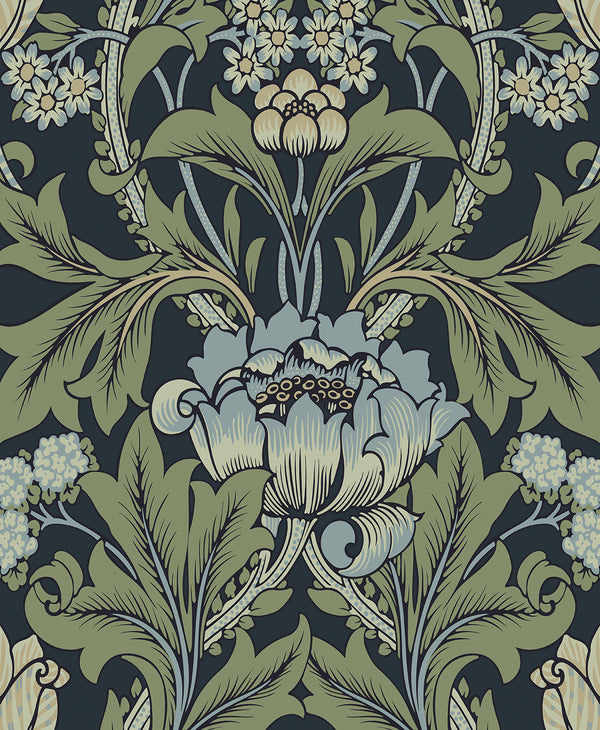 Malibu Ps Primrose Floral Vintage Floral - Midnight Blue & Sage | Peel and Stick Removable Wallcovering