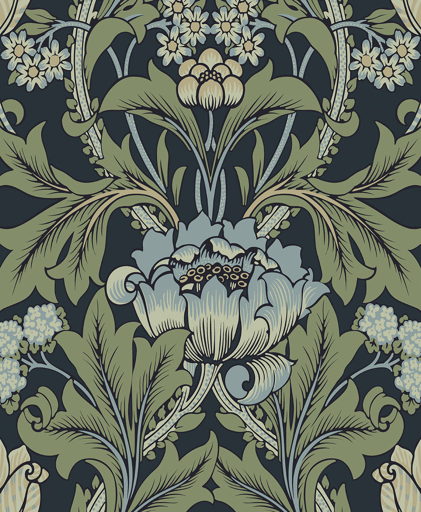 Malibu PS Primrose Floral Vintage Floral - Midnight Blue & Sage | Peel and Stick Removable Wallpaper