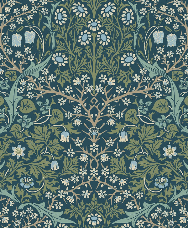 Malibu Ps Victorian Garden Vintage Floral - Prussian Blue & Moss Green | Peel and Stick Removable Wallcovering