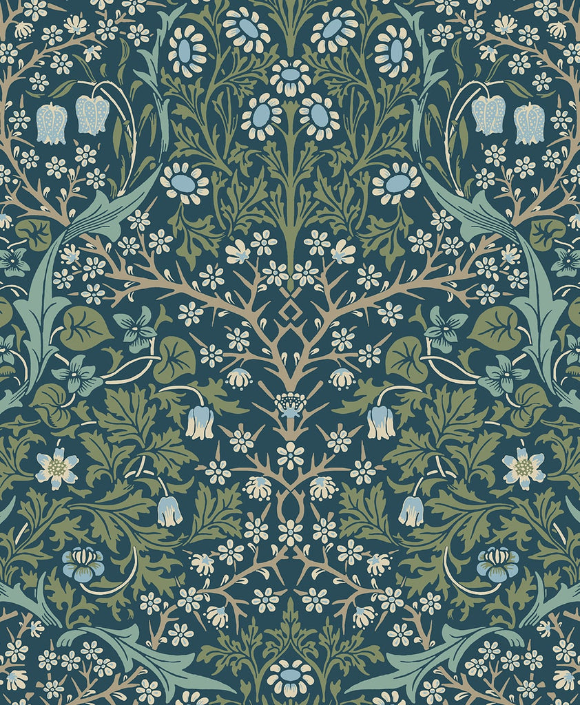 Malibu PS Victorian Garden Vintage Floral - Prussian Blue & Moss Green | Peel and Stick Removable Wallpaper
