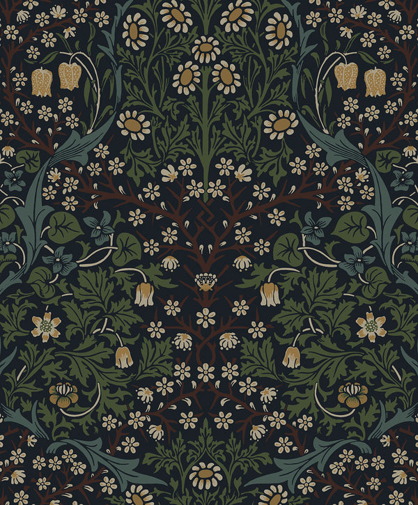 Malibu Ps Victorian Garden Vintage Floral - Midnight Blue & Evergreen | Peel and Stick Removable Wallcovering