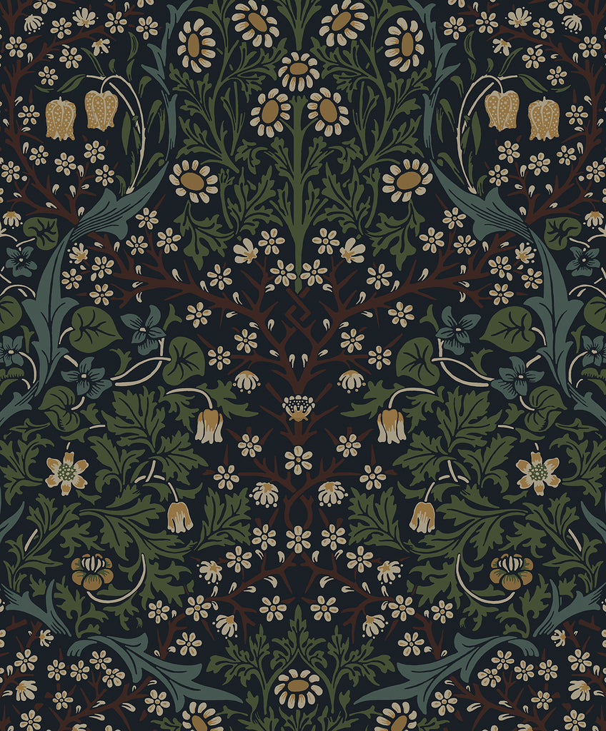 Malibu PS Victorian Garden Vintage Floral - Midnight Blue & Evergreen | Peel and Stick Removable Wallpaper