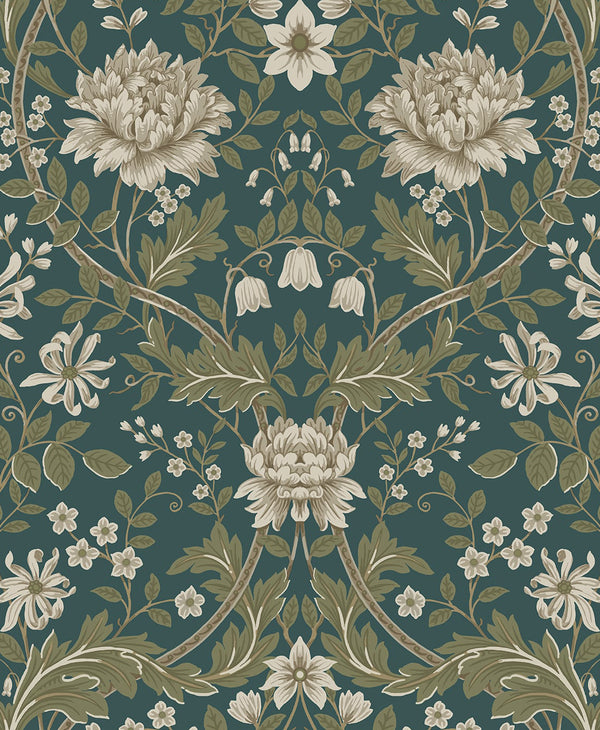 Malibu Ps Honeysuckle Trail Vintage Floral - Teal & Moss Green | Peel and Stick Removable Wallcovering