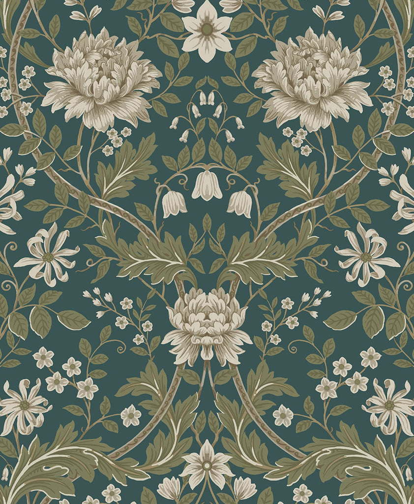 Malibu PS Honeysuckle Trail Vintage Floral - Teal & Moss Green | Peel and Stick Removable Wallpaper
