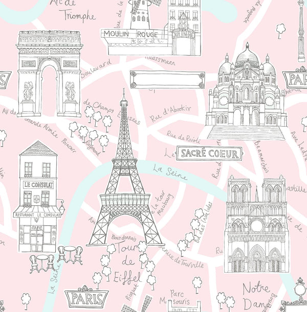 Malibu Ps Paris Scene Transitional Illustration - Pale Pink | Peel and Stick Removable Wallcovering