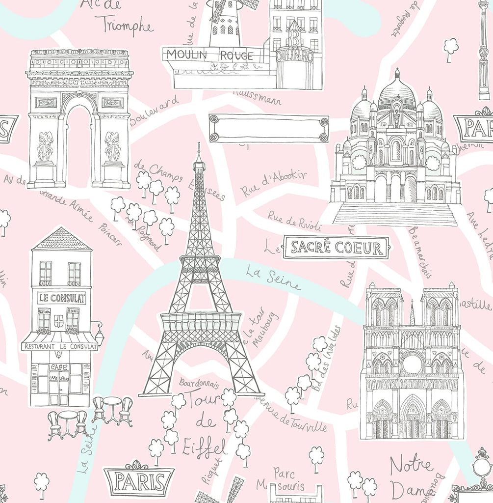 Malibu PS Paris Scene Transitional Illustration - Pale Pink | Peel and Stick Removable Wallpaper