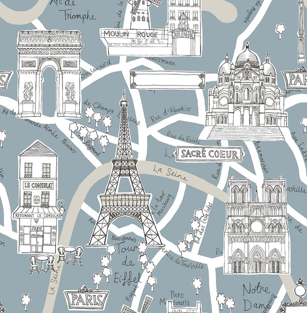 Malibu Ps Paris Scene Transitional Illustration - Smokey Blue | Peel and Stick Removable Wallcovering