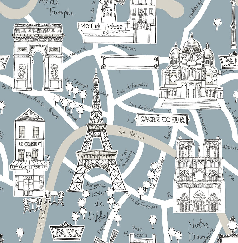 Malibu PS Paris Scene Transitional Illustration - Smokey Blue | Peel and Stick Removable Wallpaper