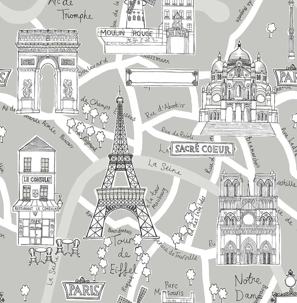 Malibu Ps Paris Scene Transitional Illustration - Argos Grey | Peel and Stick Removable Wallcovering
