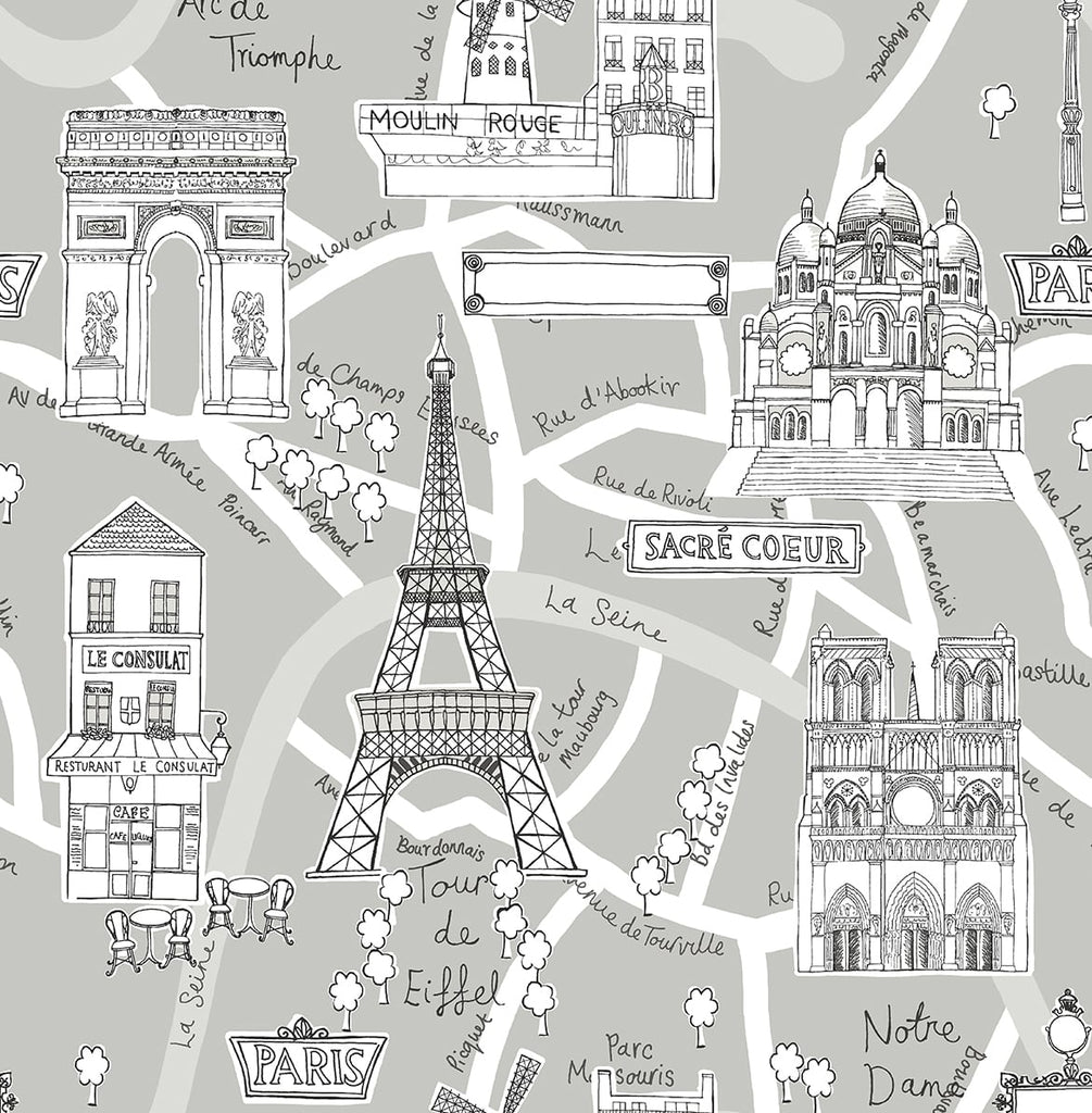 Malibu PS Paris Scene Transitional Illustration - Argos Grey | Peel and Stick Removable Wallpaper