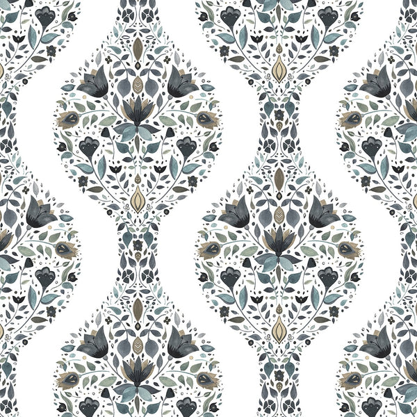 Malibu Ps Floral Ogee Transitional Floral - Steel & Rustic Taupe | Peel and Stick Removable Wallcovering