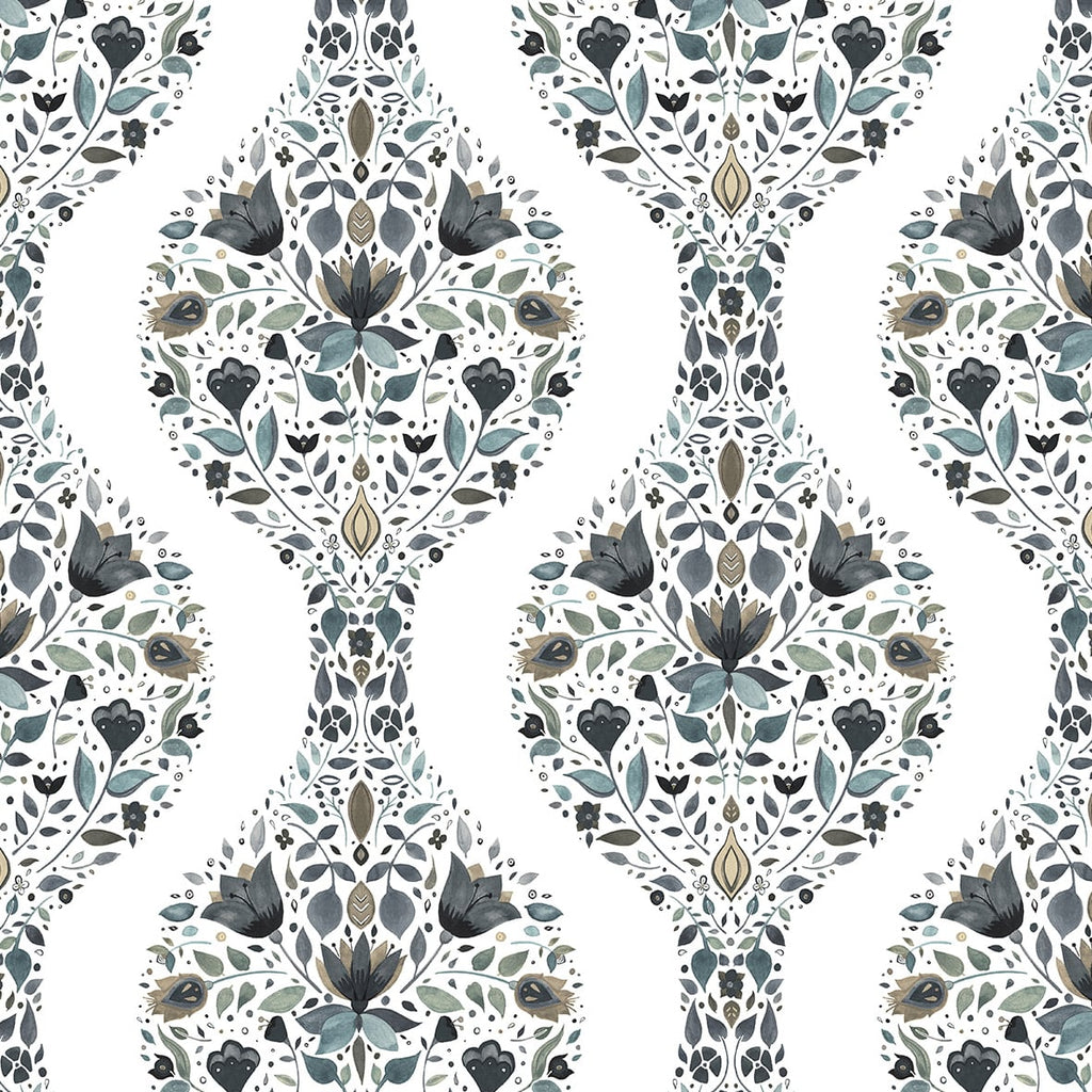 Malibu PS Floral Ogee Transitional Floral - Steel & Rustic Taupe | Peel and Stick Removable Wallpaper