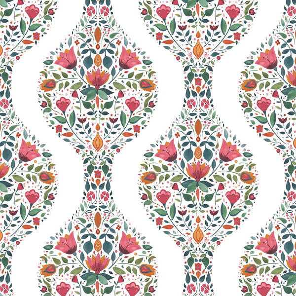 Malibu Ps Floral Ogee Transitional Floral - Rose Pink & Spruce | Peel and Stick Removable Wallcovering
