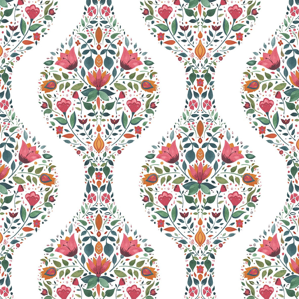 Malibu PS Floral Ogee Transitional Floral - Rose Pink & Spruce | Peel and Stick Removable Wallpaper