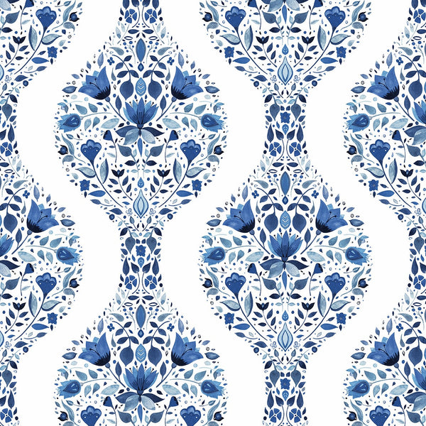 Malibu Ps Floral Ogee Transitional Floral - Bluestone | Peel and Stick Removable Wallcovering