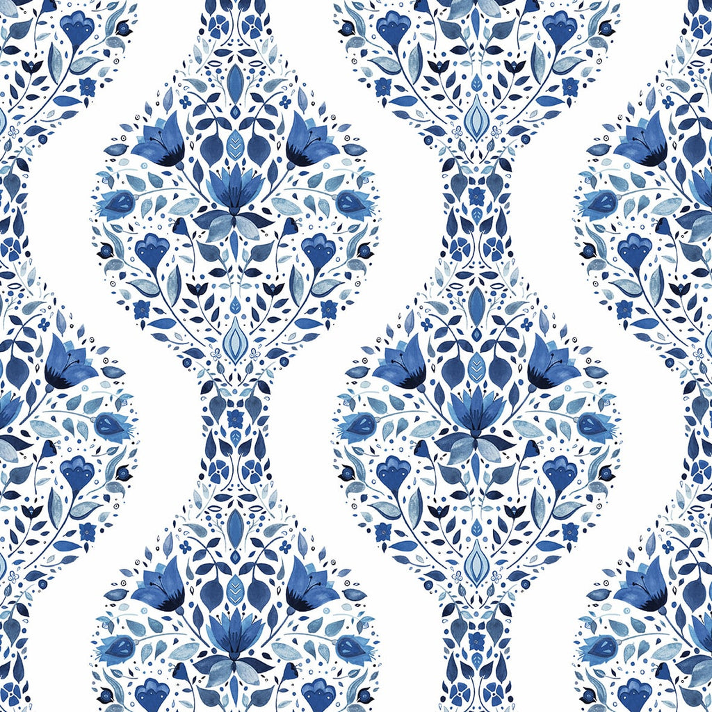 Malibu PS Floral Ogee Transitional Floral - Bluestone | Peel and Stick Removable Wallpaper