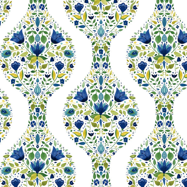 Malibu Ps Floral Ogee Transitional Floral - Cobalt & Spring Green | Peel and Stick Removable Wallcovering