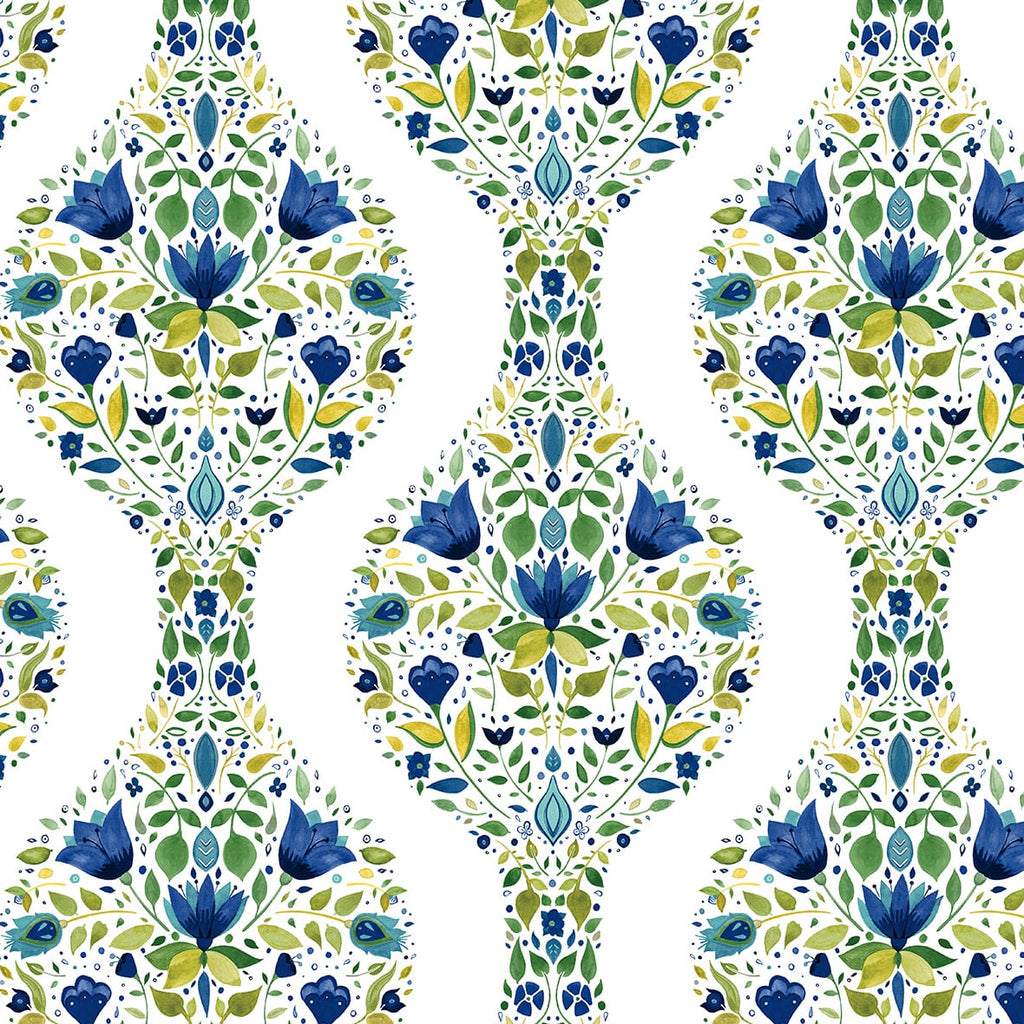 Malibu PS Floral Ogee Transitional Floral - Cobalt & Spring Green | Peel and Stick Removable Wallpaper