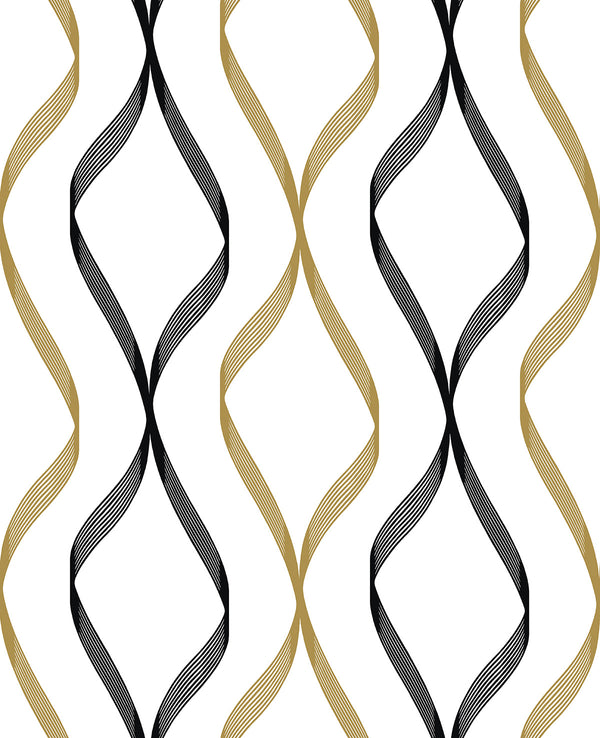 Malibu Ps Ogee Ribbon Contemporary Geometric - Metallic Gold & Ebony | Peel and Stick Removable Wallcovering