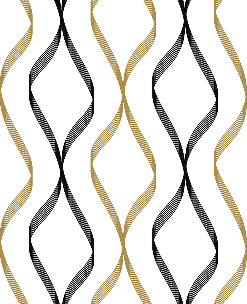 Malibu PS Ogee Ribbon Contemporary Geometric - Metallic Gold & Ebony | Peel and Stick Removable Wallpaper