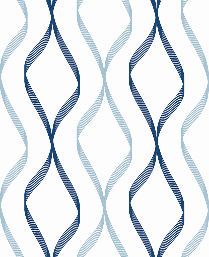 Malibu PS Ogee Ribbon Contemporary Geometric - Celtic Blue & Dewdrop | Peel and Stick Removable Wallpaper
