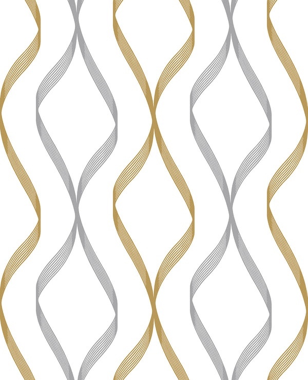 Malibu Ps Ogee Ribbon Contemporary Geometric - Silver & Gold | Peel and Stick Removable Wallcovering
