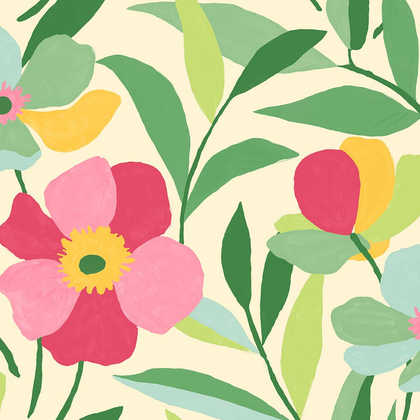 Malibu Ps Garden Block Floral Contemporary Floral - Pink & Kelly Green | Peel and Stick Removable Wallcovering