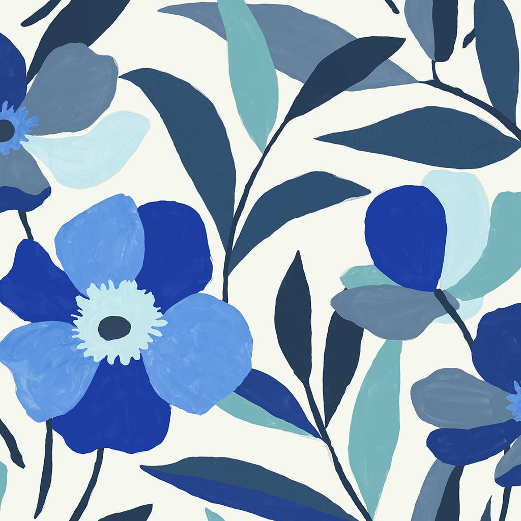Malibu PS Garden Block Floral Contemporary Floral - Cobalt Blue & Lagoon | Peel and Stick Removable Wallpaper