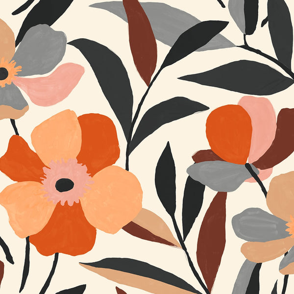 Malibu Ps Garden Block Floral Contemporary Floral - Orange & Ebony | Peel and Stick Removable Wallcovering