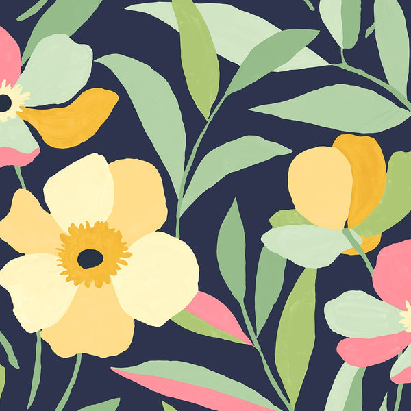 Malibu Ps Garden Block Floral Contemporary Floral - Deep Navy & Pastels | Peel and Stick Removable Wallcovering